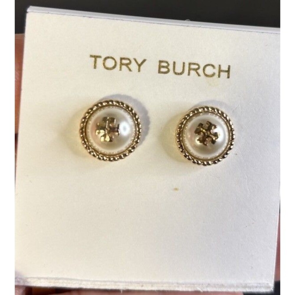 NWT Tory Burch Gold-tone Tory Logo Rope Faux Pearl Women's Earrings Pierced - Picture 1 of 7